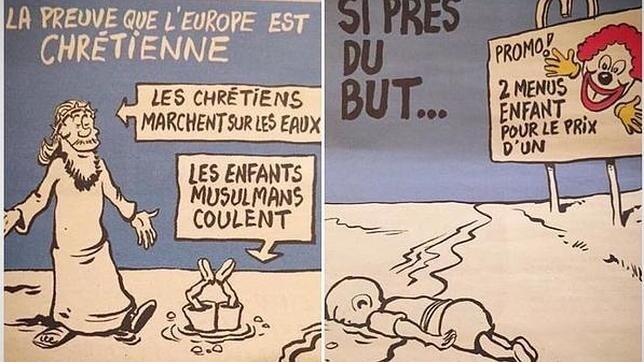 Fotografías de las viñetas de Aylan publicadas por Charlie Hebdo