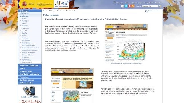 Aemet facilita desde su web el acceso a la predicción de polvo mineral atmosférico