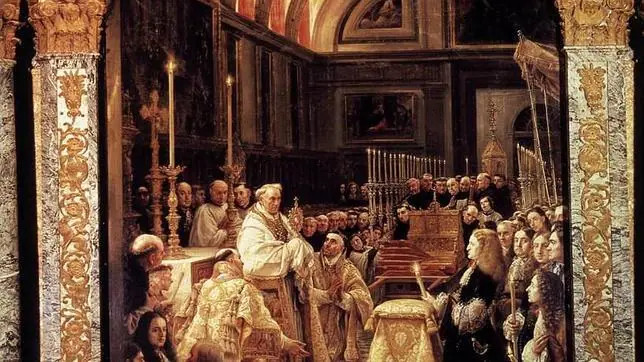 Pintura que muestra a Carlos II durante la bendición del Santísimo en la basílica de El Escorial