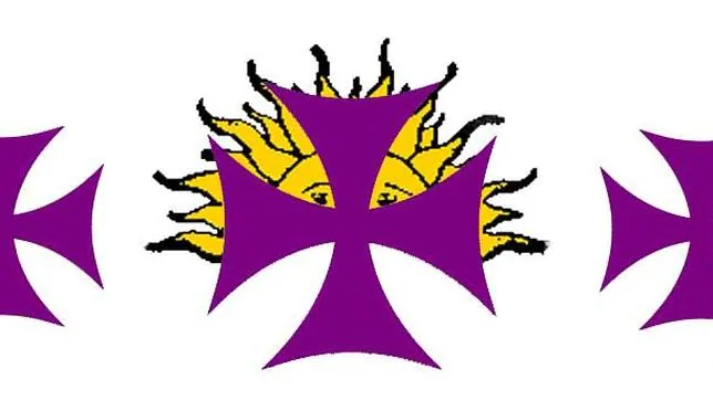 Bandera de la Hispanidad o de la Raza, con tres cruces púrpuras que representan los tres barcos de Cristóbal Colón