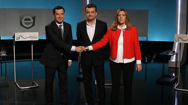 Juanma Moreno, Antonio Maíllo y Susana Díaz durante el debate