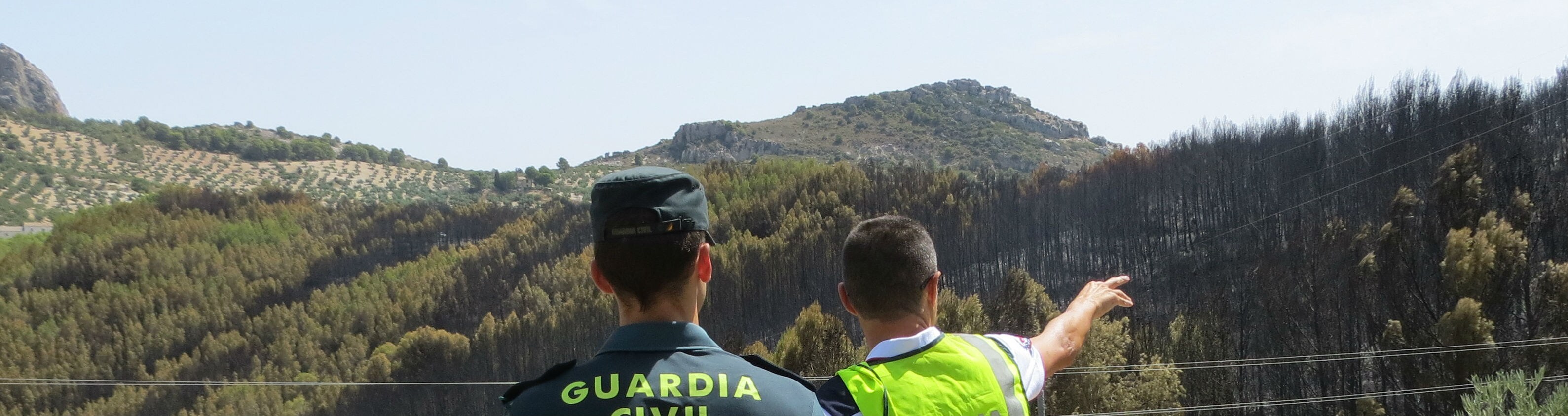 Dos guardias civiles observan el paraje quemado por el incendio