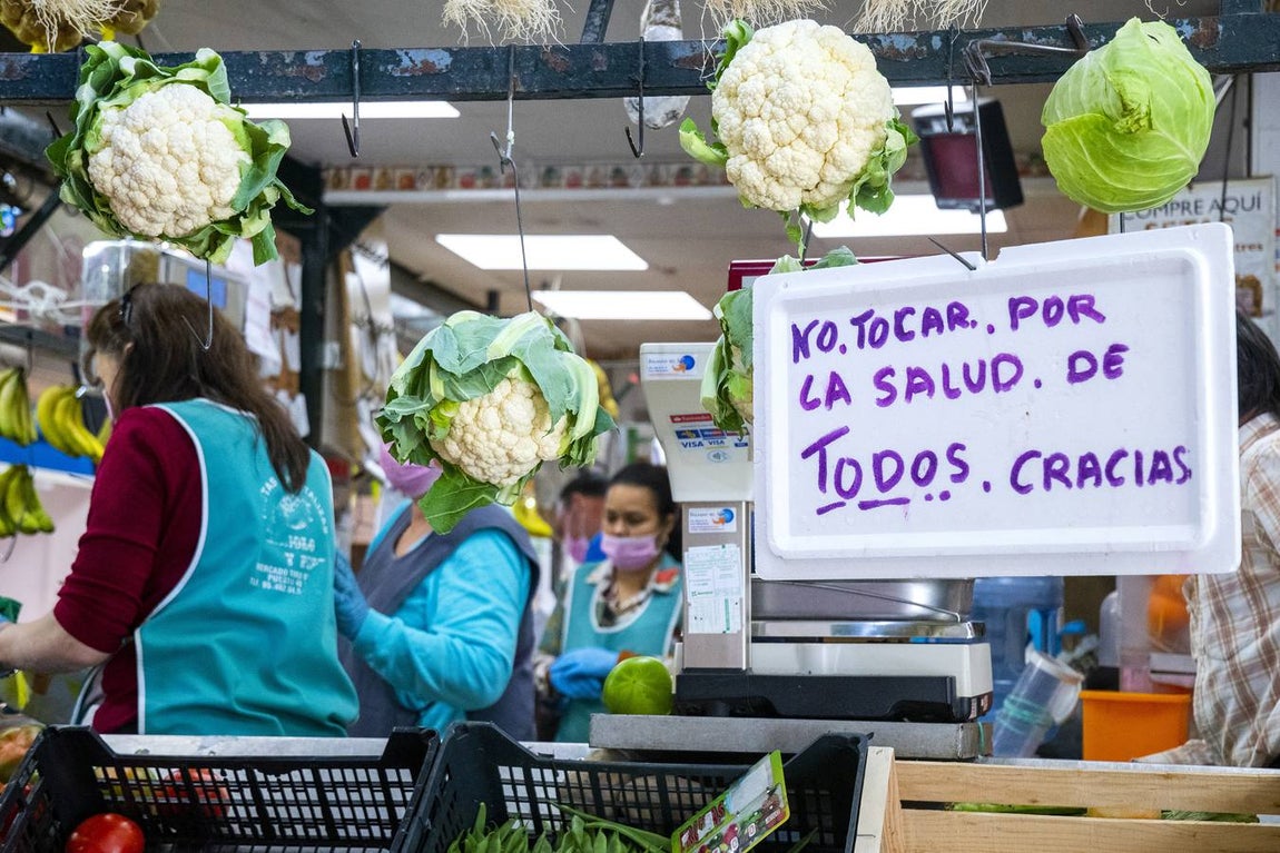 Martes Santo. La Salud (La Candelaria). Un cartel en un puesto de frutas y verduras de un mercado sevillano, advierte de la protección para la salud en plena pandemia del coronavirus.