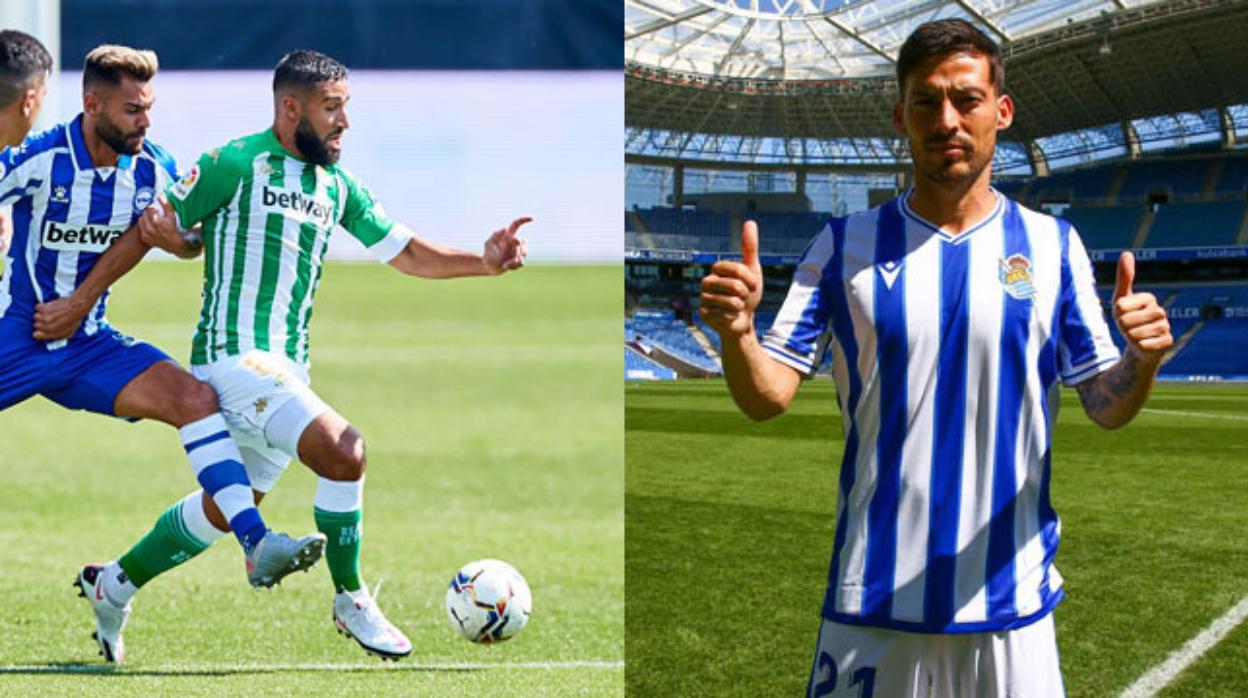 A la izquierda, Fekir conduce el balón en el Alavés-Betis. A la derecha, David Silva posa en su presentación con la Real Sociedad