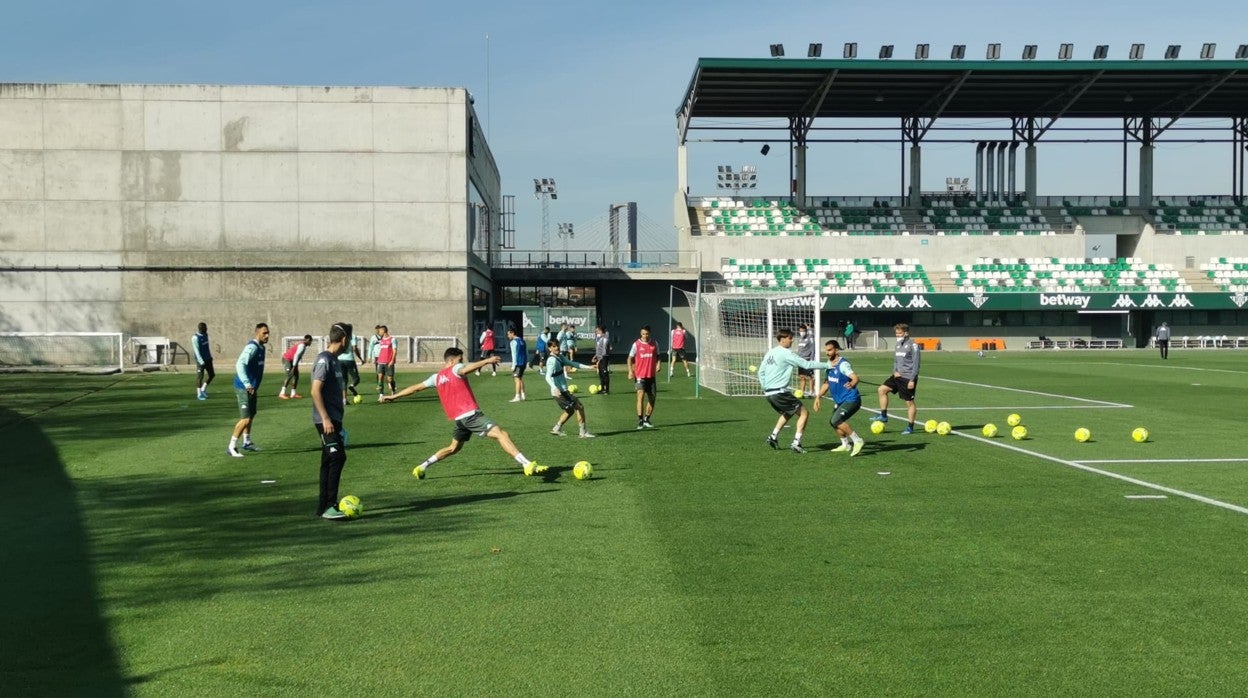 Los jugadores del Real Betis realizan varios rondos en la sesión del jueves