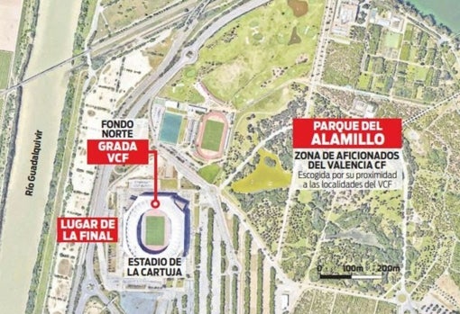 Punto en el mapa donde estará la Fan Zone del Valencia