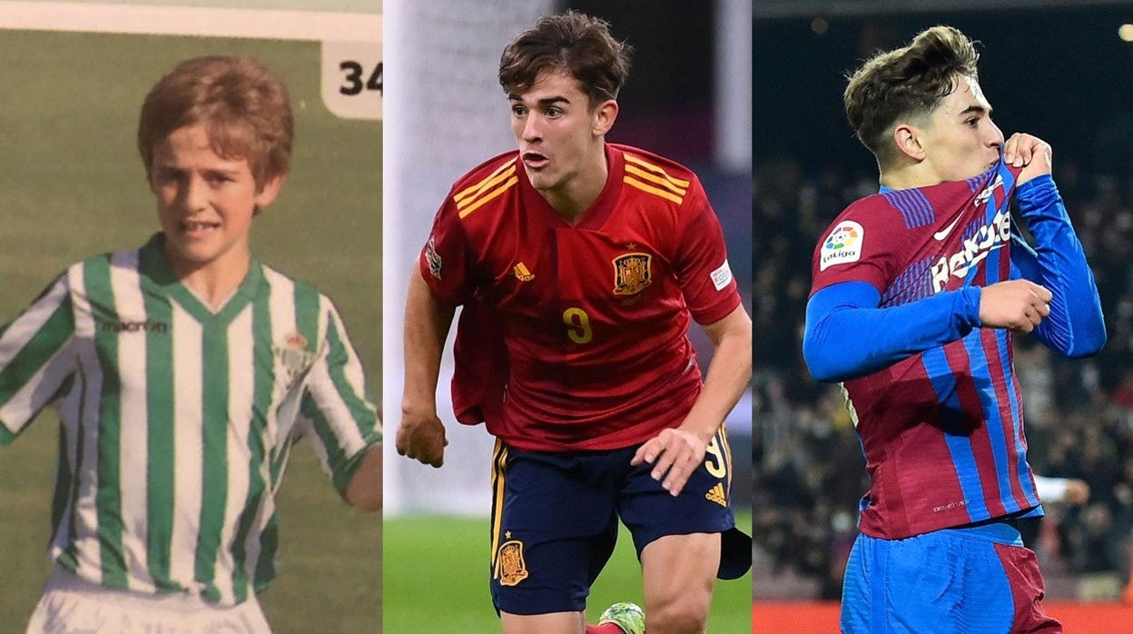 A la izquierda, Gavi en un partido con la camiseta del Betis; en el centro, su debut con la selección española; y a la derecha, celebra un gol con el Barcelona