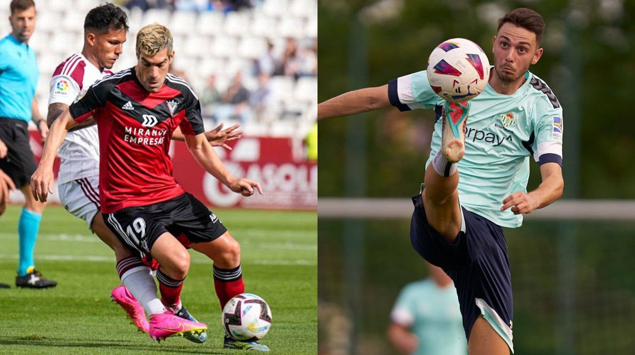 A la izquierda, Manu García en un partido con el Mirandés; a la izquierda, Raúl en uno de sus primeros entrenamientos con el Betis en la pretemporada 23-24