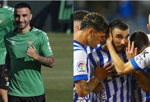 A la izquierda, Rober durante un entrenamiento del Betis. A la derecha, Rober es felicitado al marcar un gol con el Deportivo Alavés