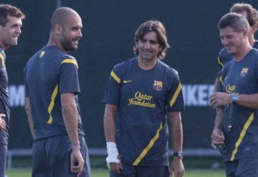 Tito Vilanova, Guardiola, Lorenzo Buenaventura y Aureli Altimira cuando se hicieron cargo del primer equipo barcelonista