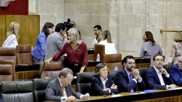 Miembros del Grupo Parlamentario del PP abandandonando el Pleno del Parlamento