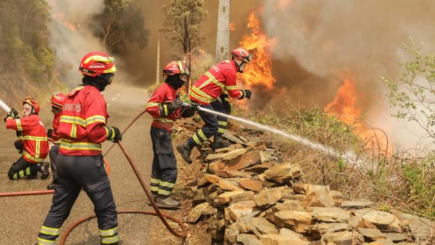 Varios bomberos portugueses combaten este martes el fuego en Sandinha