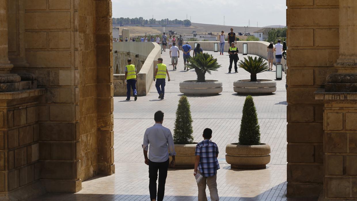 Los maceteros colocados por el Ayuntamiento en la zona del Puente Romano