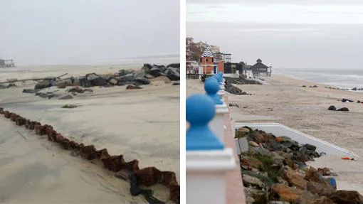 Antes y después de la playa de Matalascañas, con el muro de contención que salió a la luz en la imagen de la izquierda