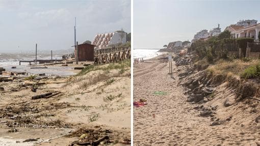 Esta playa sufrió numerosos destrozos, como puede verse en la imagen de la izquierda, que ya empiezan a subsanarse, como puede verse en la imagen de la derecha