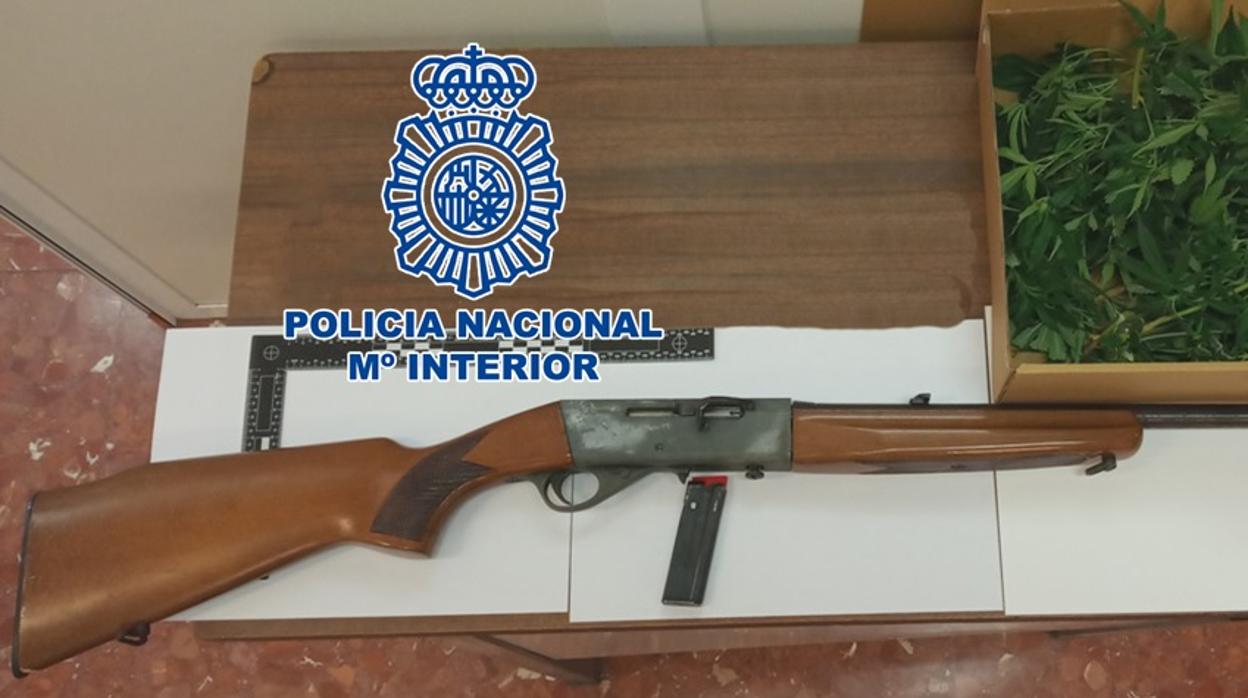 Un arma tipo carabina junto con las plantas de marihuana que han sido incautadas por los agentes