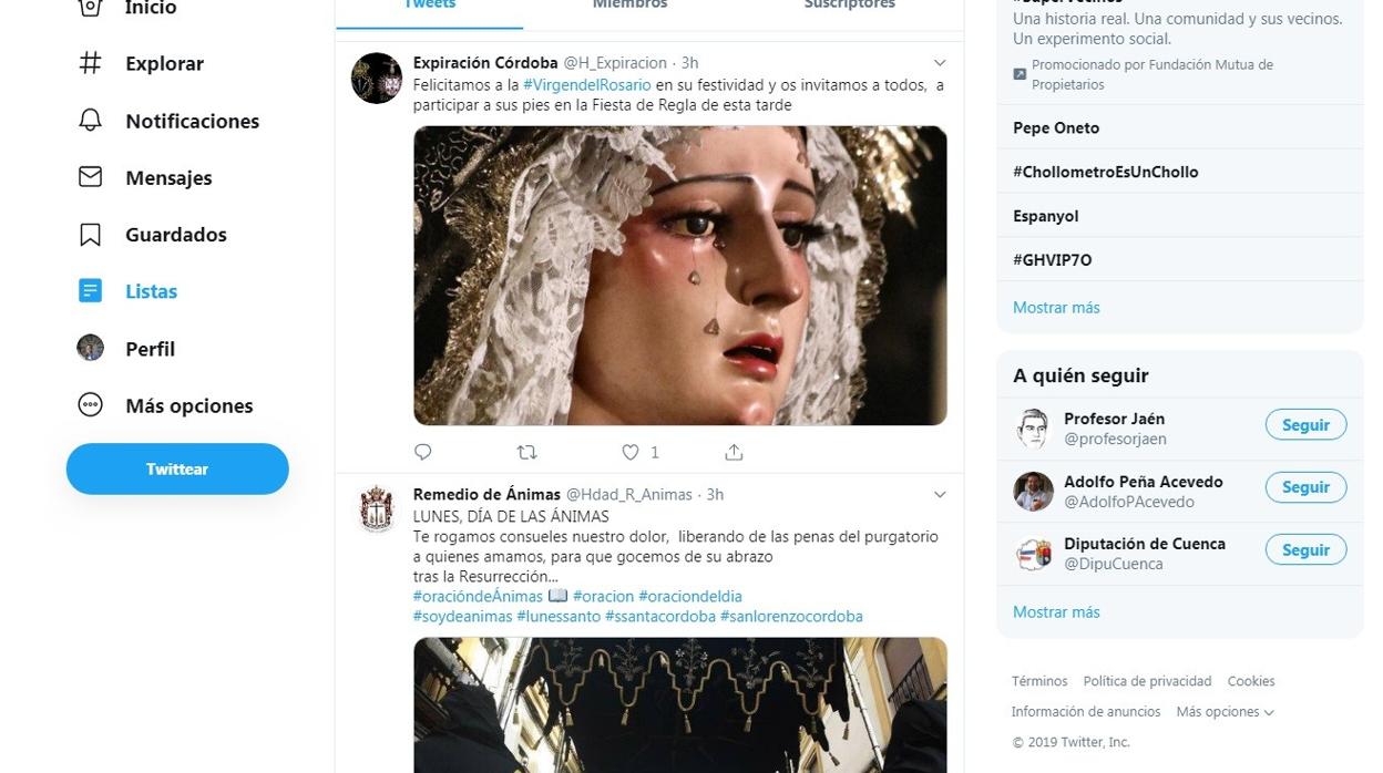 Tuits de cofradías de Córdoba comunicando su actividad