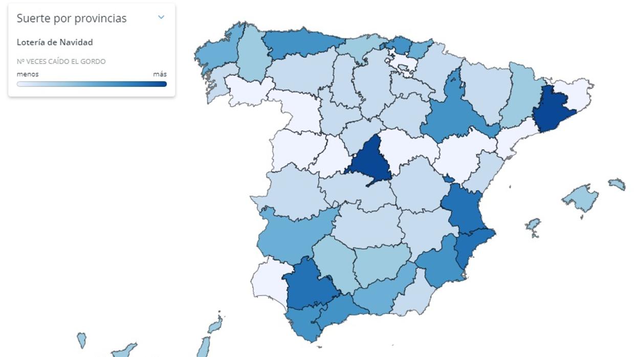 Mapa de España con las provincias más agraciadas y las menos tocadas por la suerte en la Lotería de Navidad