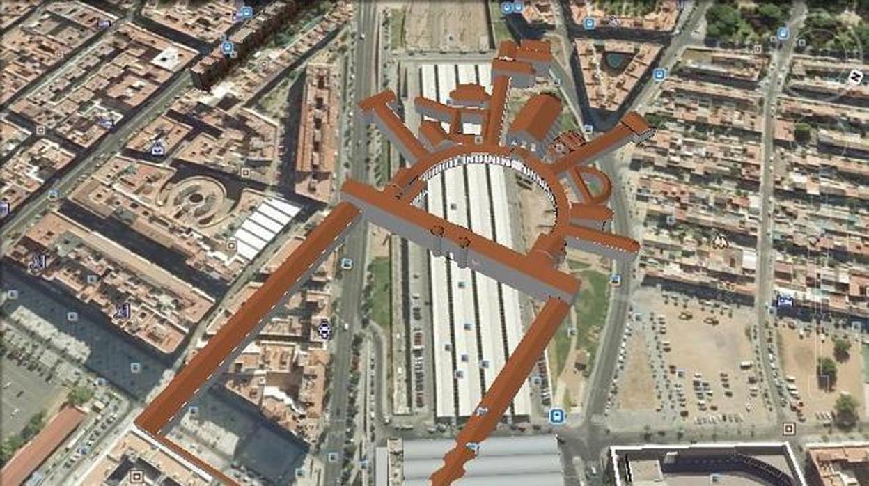 Imagen virtual del palacio sobre el plano actual de la ciudad