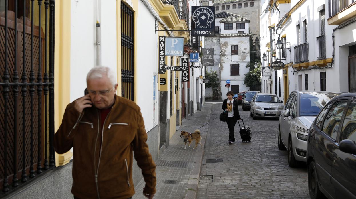 Un hombre y una turista caminan con la Casa de los Herruzo, en la calle San Fernando, al fondo