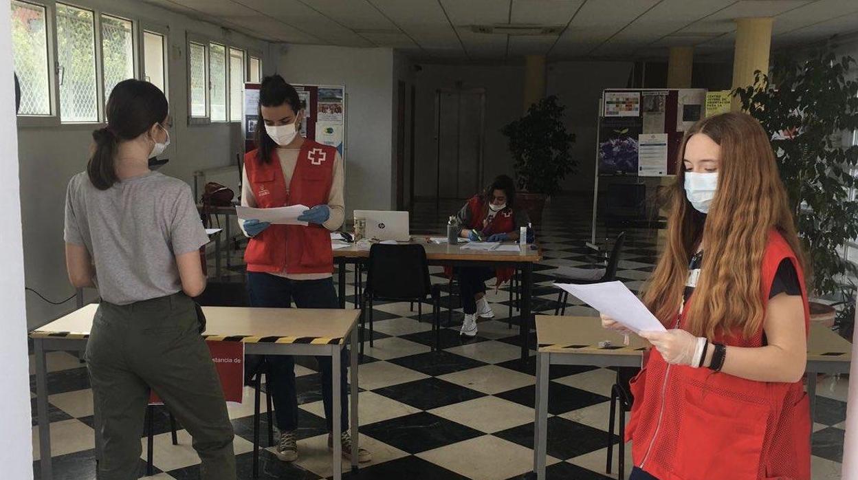 Voluntarias de la Cruz Roja en el reparto de tarjetas monedero para las familias más vulnerables de Sevilla