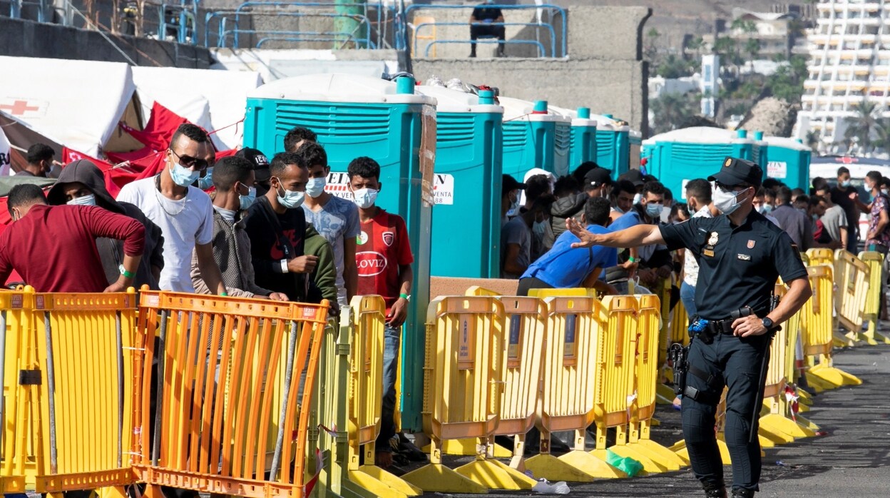 Inmigrantes ilegales llegados al muelle de Arguineguín en Gran Canaria la semana pasada