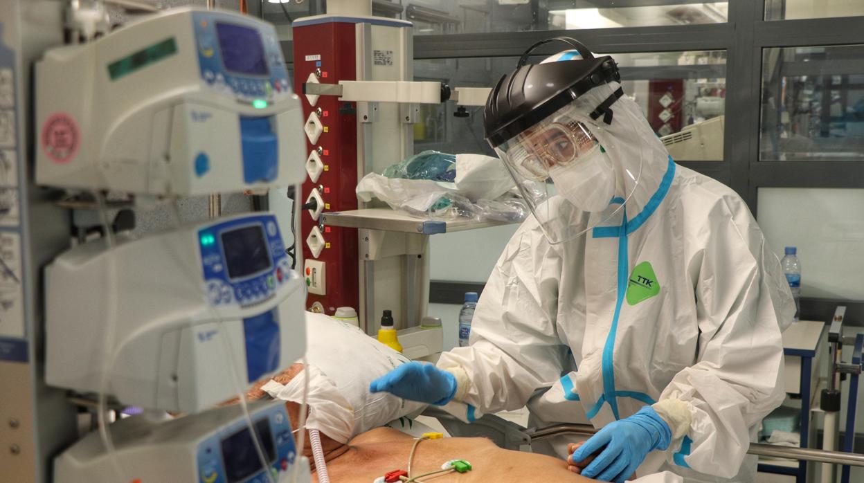 Un sanitario atiende a un paciente en las UCI del Hospital Reina Sofía