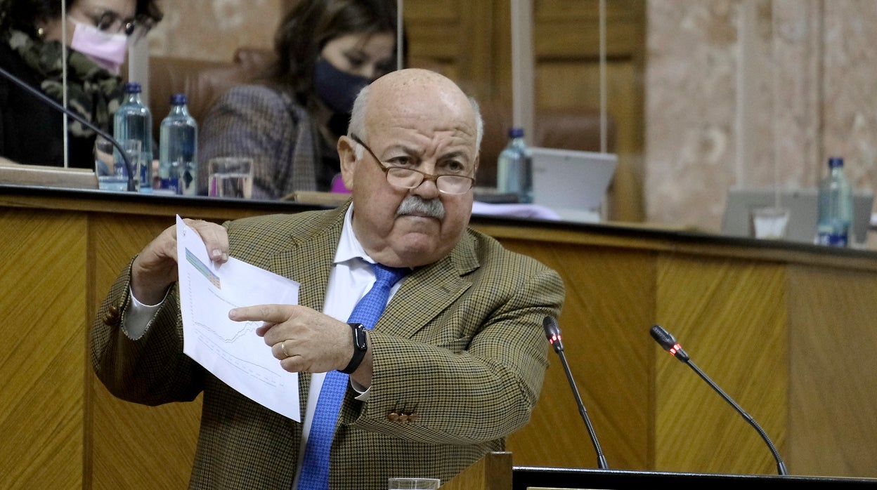 El consejero de Salud, Jesús Aguirre, muestra los datos de incidencia en el Parlamento