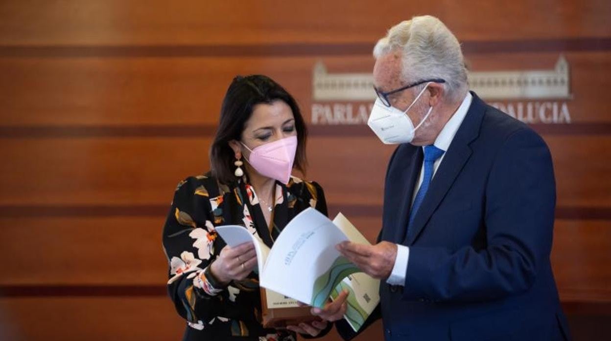 El Defensor del Pueblo Andaluz, Jesús Maeztu, entrega a la presidenta del Parlamento, Marta Bosquet, el Informe Anual correspondiente a 2020