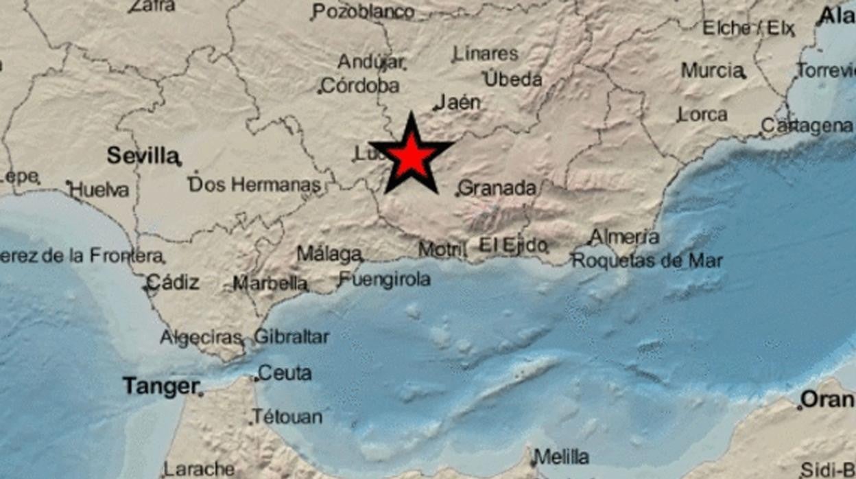 La estrella marca el epicentro del temblor sentido en Jaén