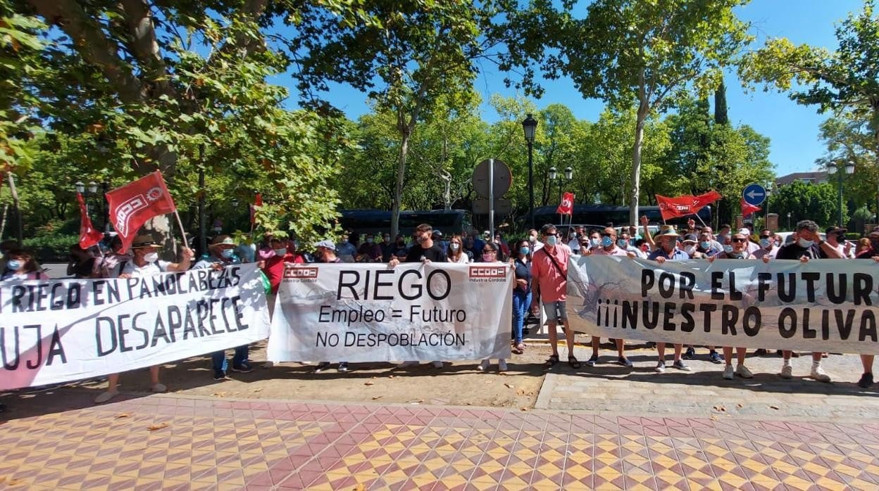 Agricultores de Jauja ante la sede de la Confederación Hidrográfica del Guadalquivir
