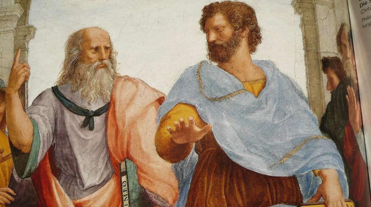 Aristóteles y su maestro Platón en el fresco que pintó Rafael en el Vaticano
