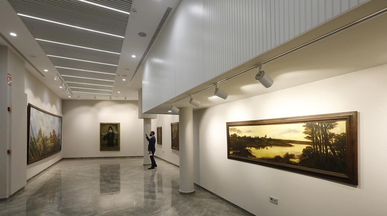 Un visitante a la muestra de 'Los Romero' en la nueva sala de Caja Rural del Sur