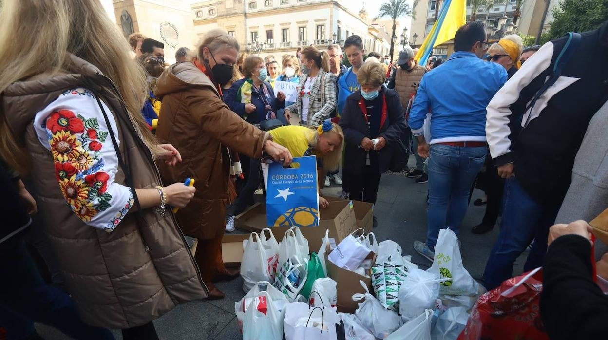 Productos recogidos en la manifestación en apoyo a Ucrania del pasado domingo en Córdoba