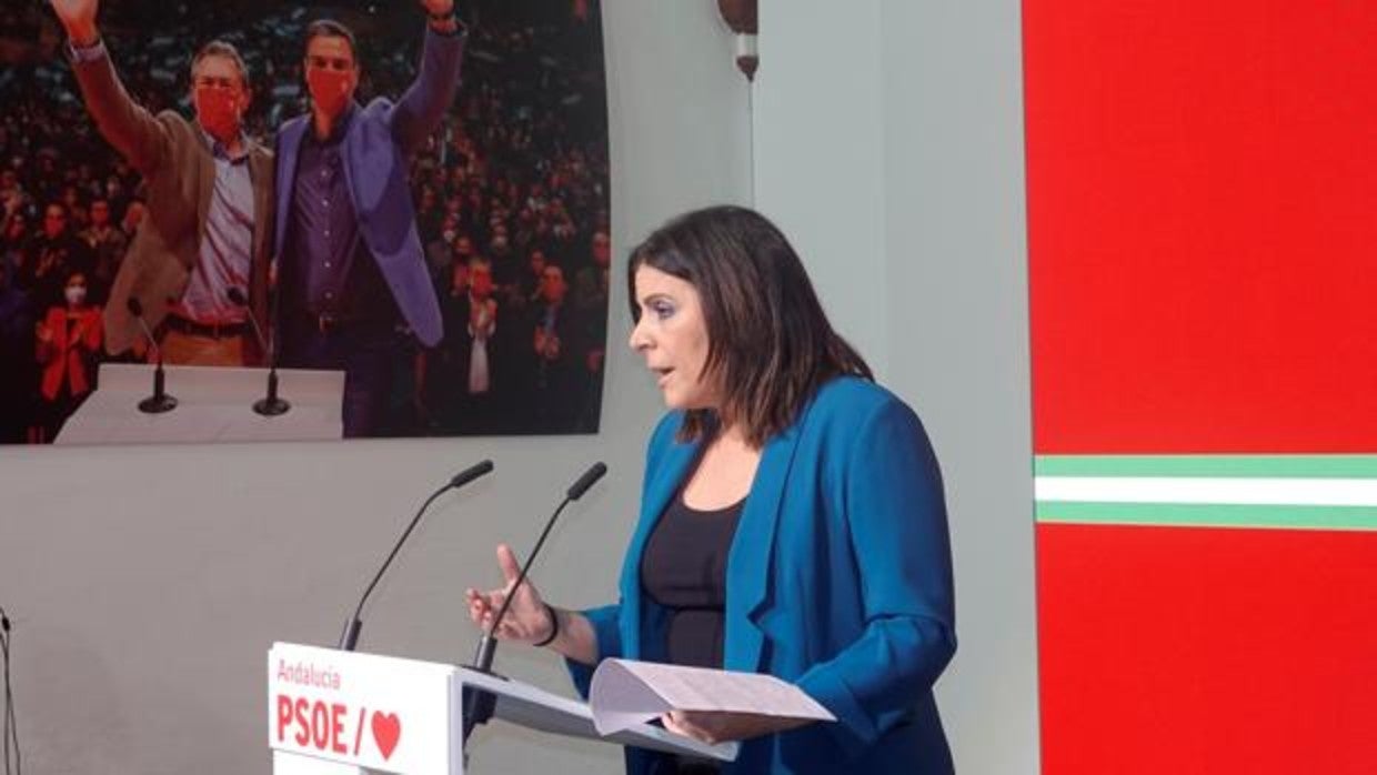 Ángeles Férriz durante la rueda de prensa en la sede del PSOE