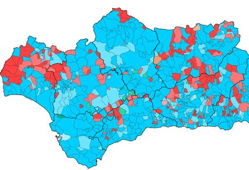 En rojo, las zonas que votaron al PSOE, que son más numerosas en Huelva