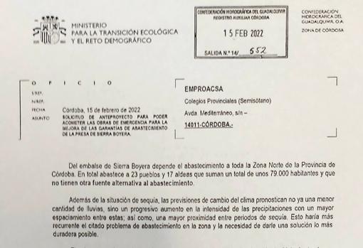 Solicitud para las obras de emergencia para el trasvase de La Colada a Sierra Boyera