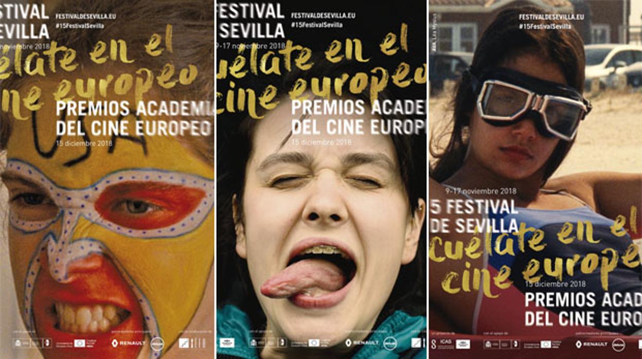 Tres modelos diferentes del cartel de la próxima edición del Festival de Sevilla