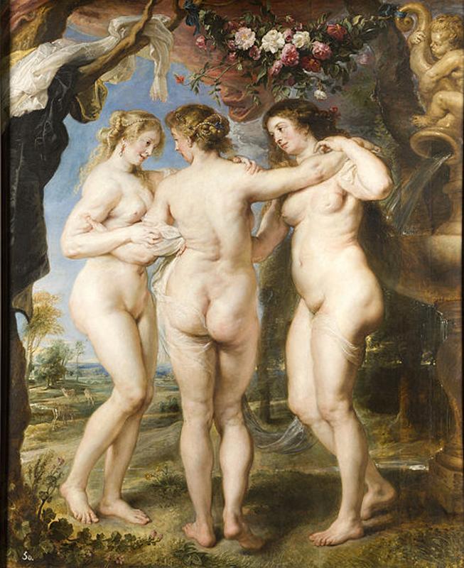 Pedro Pablo Rubens. Las tres Gracias. 1636-1639. Museo del Prado. Esta famosísima obra fue adquirida por Felipe IV en la subasta de los bienes de Rubens tras el fallecimiento del artista