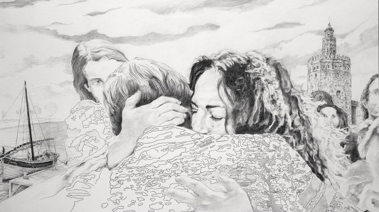 Ilustración de Pascual Alonso López Salueña en la que se refleja el momento en que Magallanes se despide de su esposa, Beatriz Barbosa, antes de que la expedición partiera de Sevilla