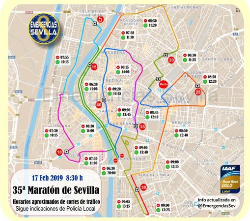 Mapa con los horarios de los cortes de tráfico