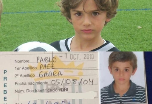 Arriba, Gavi con un balón en el Marismas; abajo, su ficha como jugador de La Liara Balompié