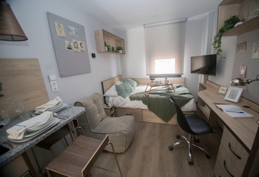 Un estudio individual con cocina y zona de trabajo