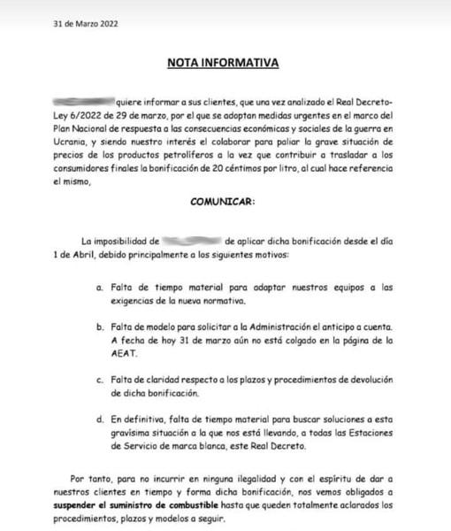 Comunicado de la gasolinera de Montilla que ha cerrado por no poder aplicar las bonificaciones de 20 céntimos por litro de carburante