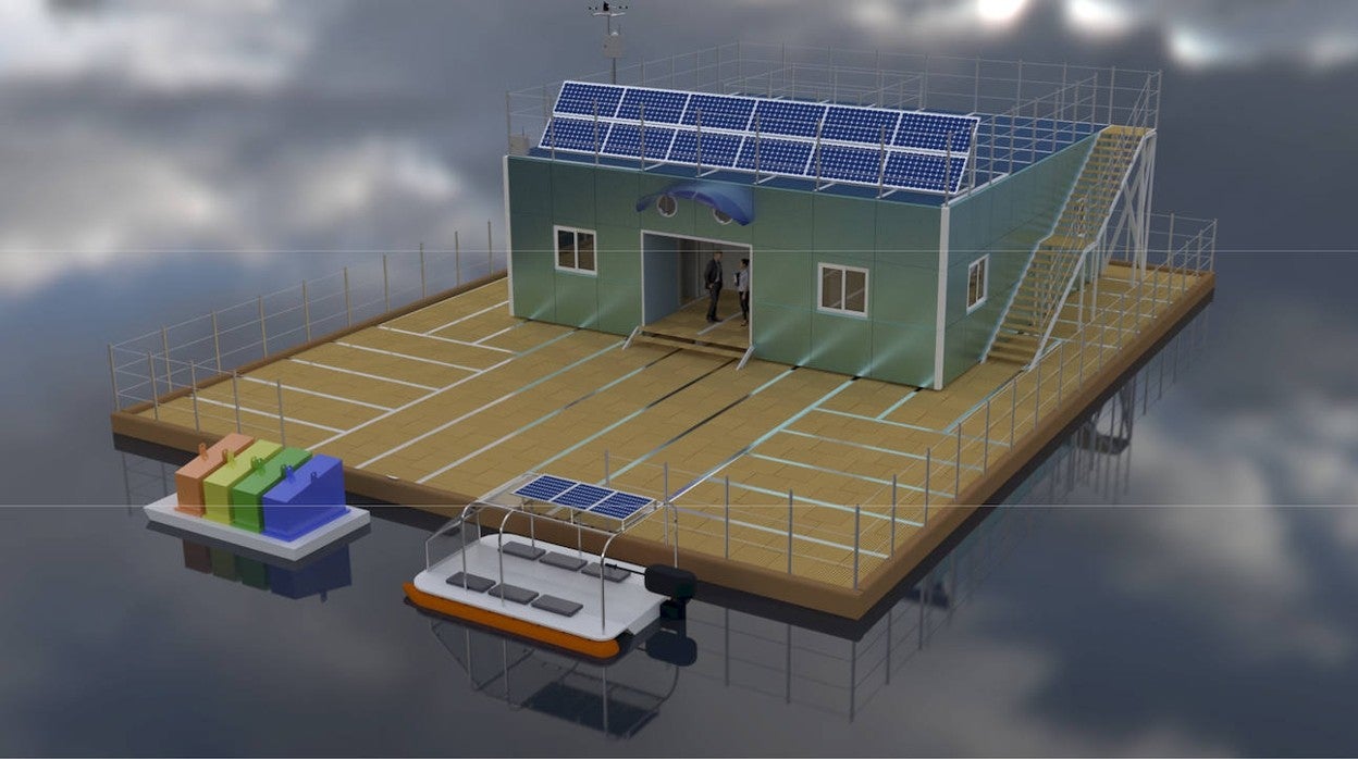 Infografía de la plataforma flotante, que soporta el laboratorio, y de las dos pontonas o barcos eléctricos