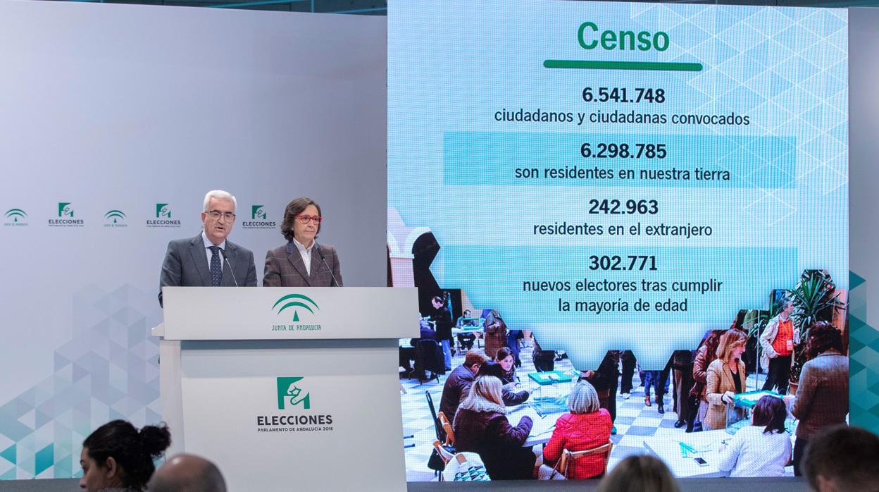 Manuel Jiménez Barrios y Rosa Aguilar, durante la presentación del dispositivo de las elecciones al Parlamento de Andalucía 2018