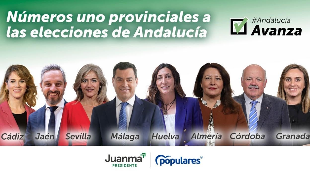 Imagen de todos los cabezas de lista por el PP al Parlamento de Andalucía en el cartel electoral del partido