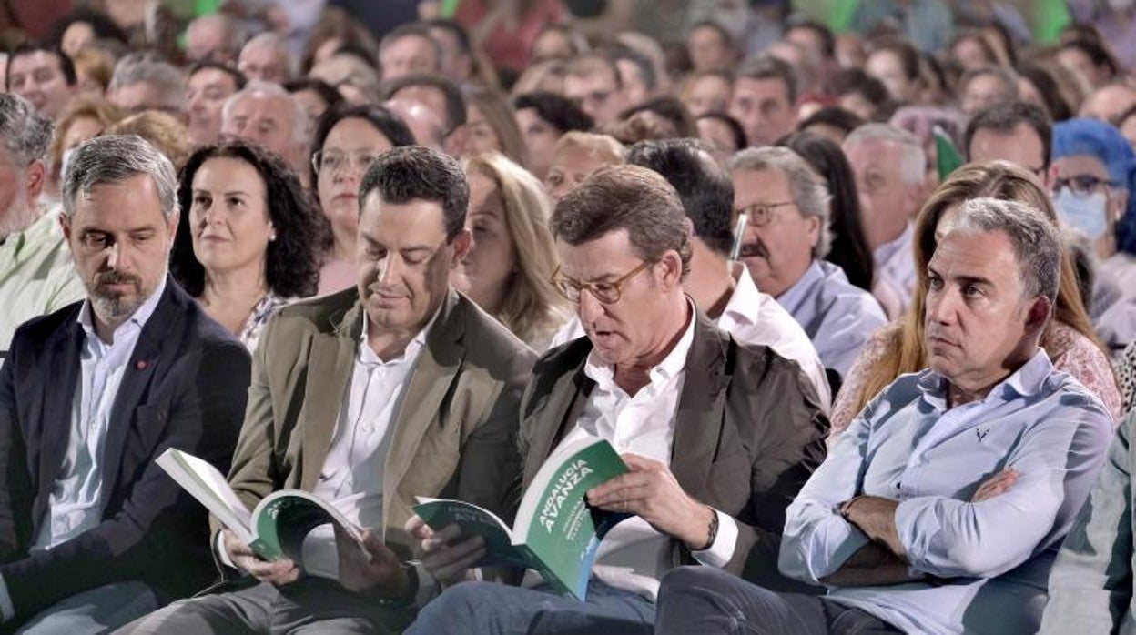 Juan Bravo, Juanma Moreno, Alberto Núñez Feijóo y Elías Bendodo este domingo en el mitin que celebraron en Sevilla
