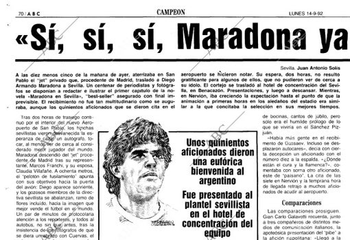 Crónica de la llegada de Maradona en ABC de Sevilla