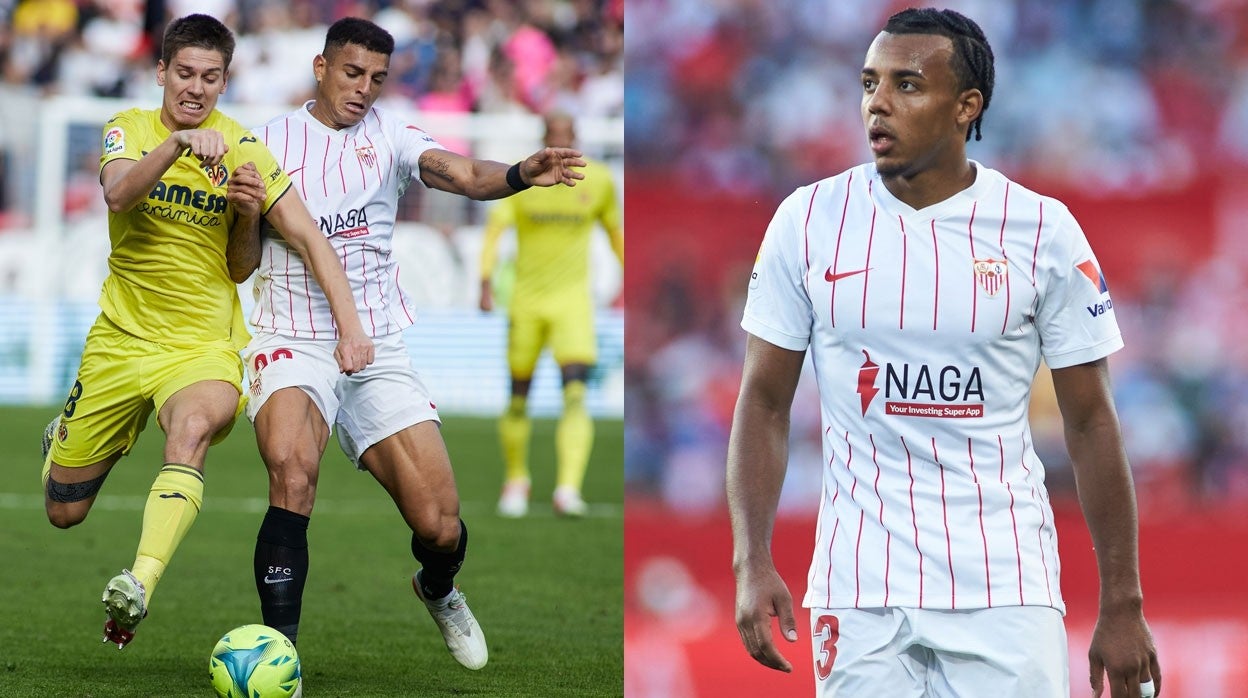 A la izquierda, Diego Carlos pugna con Foyth durante el Sevilla - Villarreal de la pasada temporada; a la derecha, Koundé durante un partido